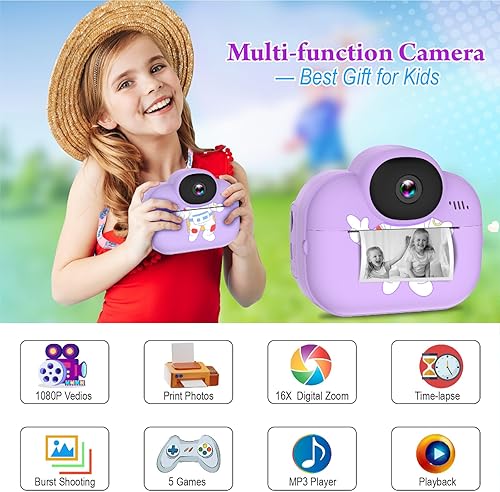 Miniatura 2 de Cámara digital para niños, impresión instantánea, cámara instantánea portátil para niñas, de 3 a 10 años (morado)