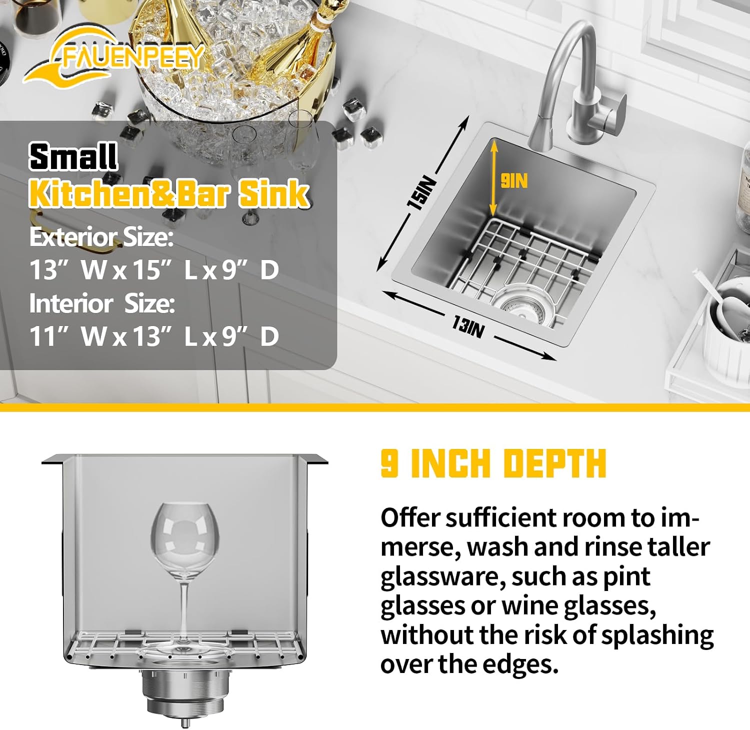 13x15In Stainless Steel Kitchen And Bar Sink - Small Undermount Single Bowl Drop In Staylish Kitchen&Bar Sink Ideal Choice For Small Space, Prep Area, RV With Bottom Grid,Soap Mat And Drain Assembly