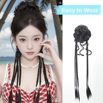 Fangool Women Wig Geisha Headband Wigs Ancient Chinese Headwear Wig Bun Hair Pieces Hanfu Headdress Cosplay Dance Festival Wigs(Black)