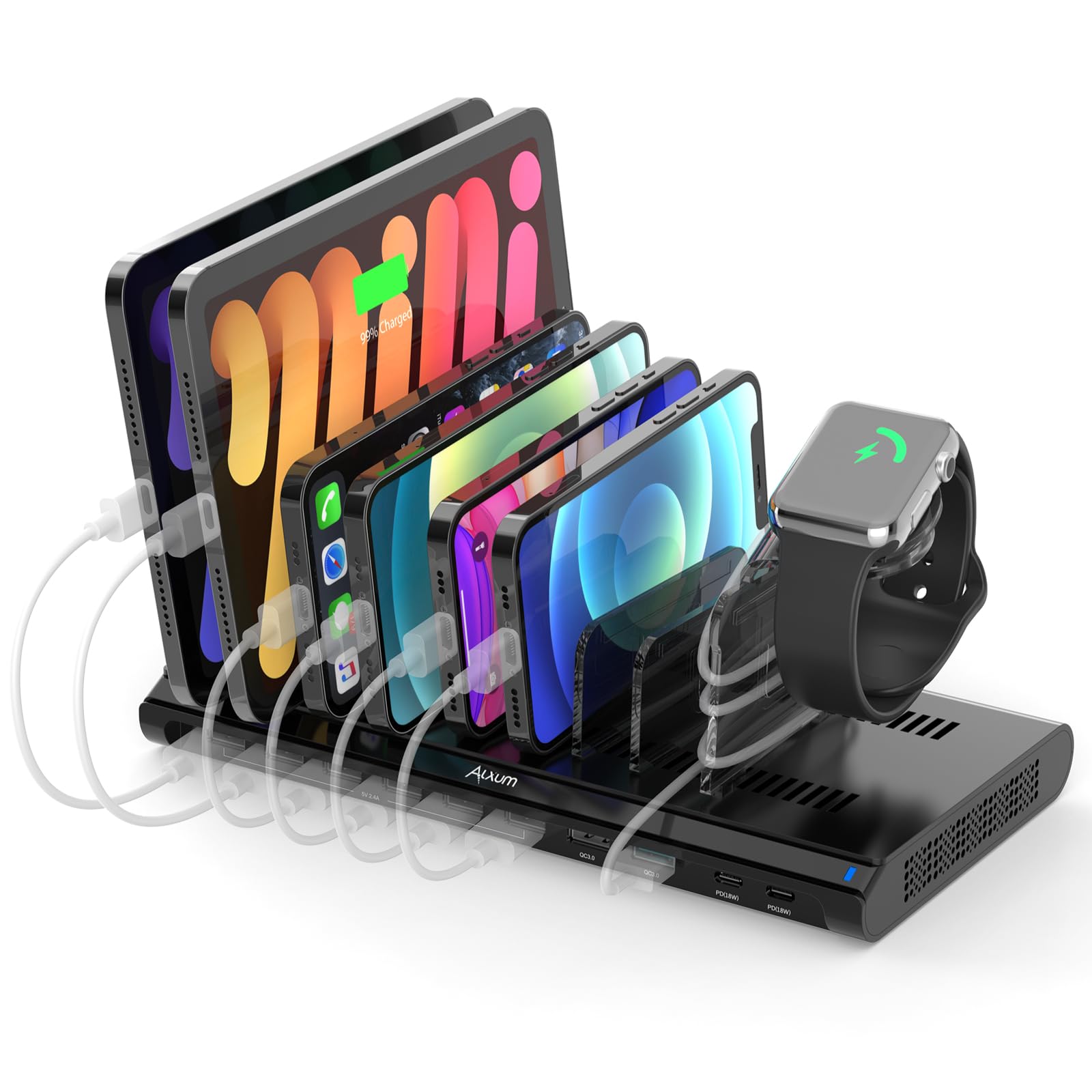 Alxum Estación de Carga 96W y 10 Puertos,2 PD y 2 QC 3.0 para tabletas | Incluye un soporte para auriculares que permite cargar simultáneamente varios dispositivos, como el móvil y los auriculares