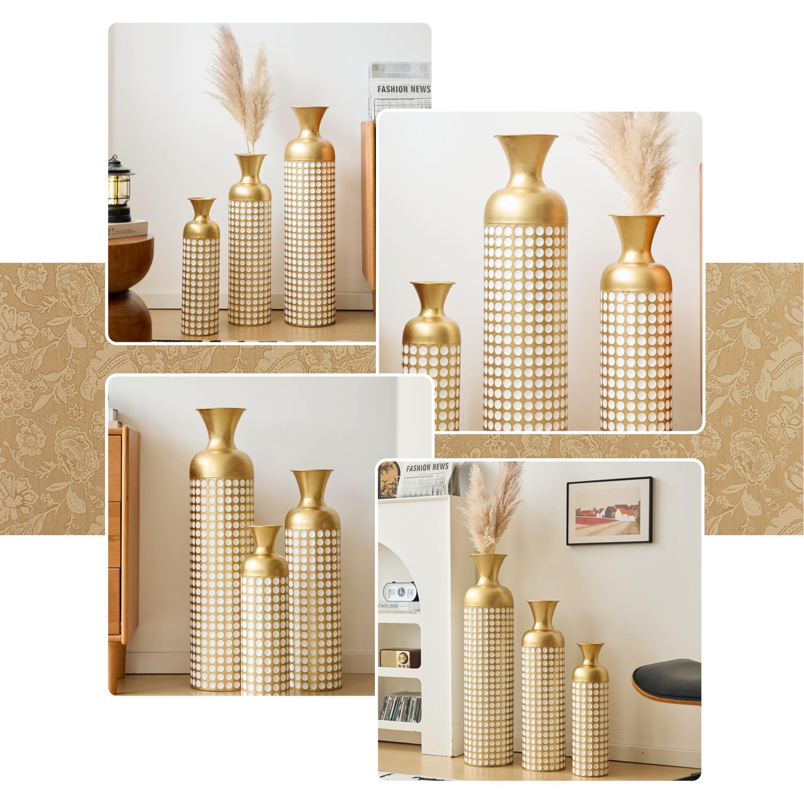 Bodenvase groß 3er Set (50/66/83 cm) - Große Deko Vasen aus Metall, Übertöpfe für Pflanzen als Zimmerdeko für Wohnzimmer & Flur im Vintage Look, Gold mit weißen Punkten
