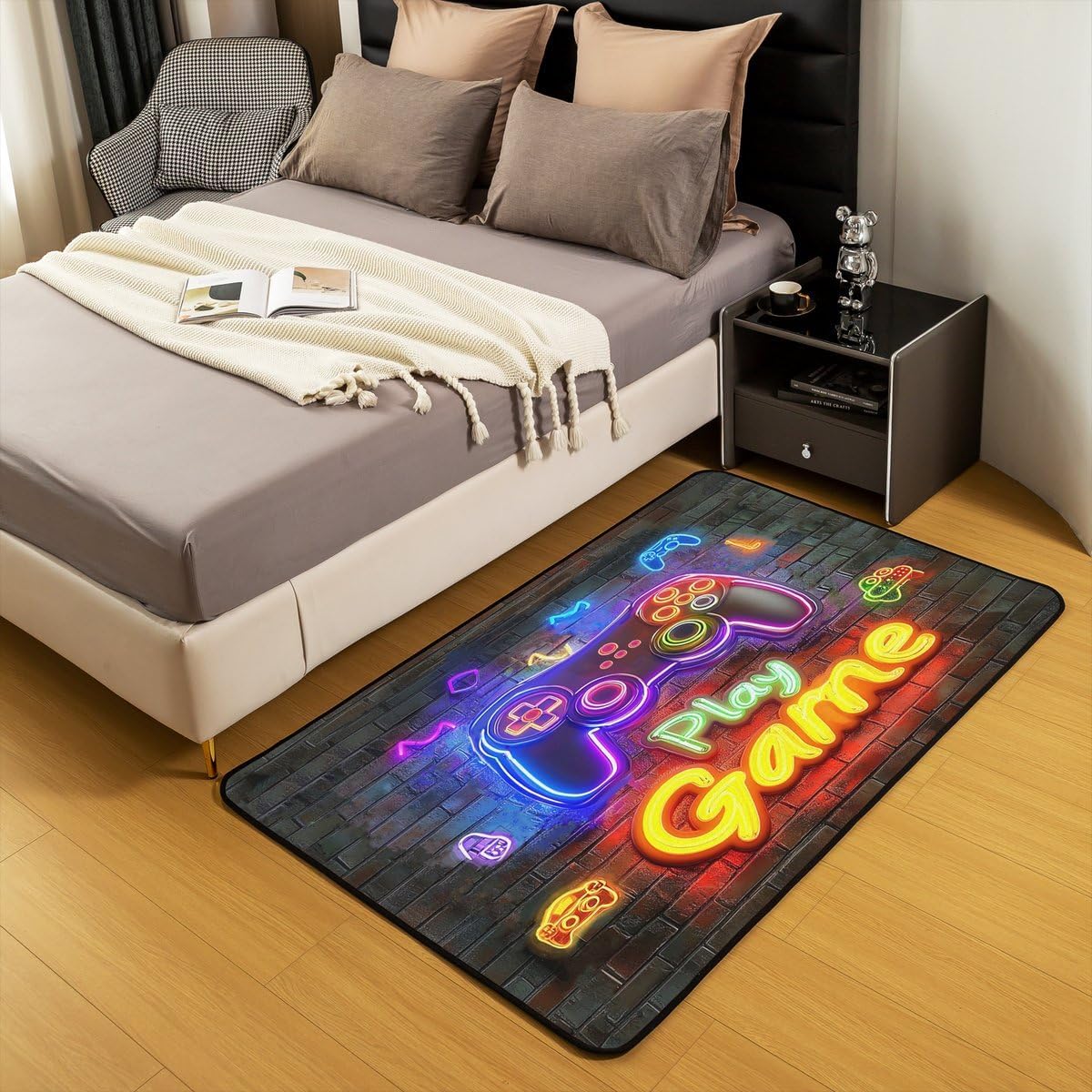 Erosebridal Gamer Gaming Carpet for Boys,Retro Neon Gaming Area Rug 5x7 Non Slip Washable for Girls Kids Teen,Video Game Decorative Accent Rug,Space Play Gamepad Indoor Floor Mat Game Room Decor