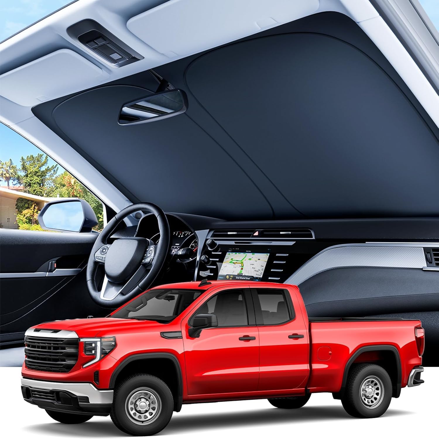 REEVAA Upgraded for GMC Sierra 1500 2500 3500 (2019-2026) Windshield Sunshade [Tailored Fit, 99% Sun Protection] Foldable Sun Shade Car Accessories with Storage Bag