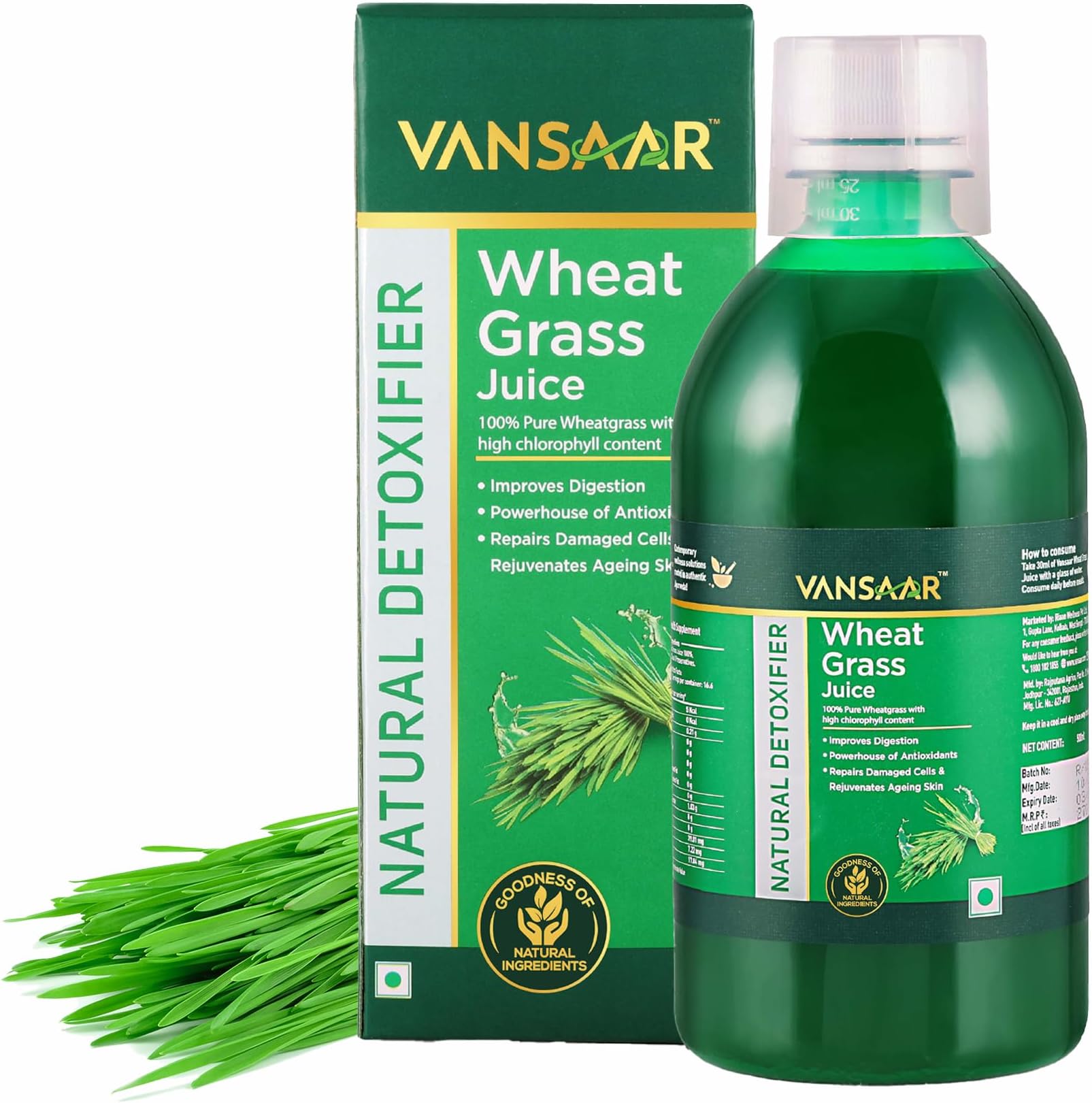 Vansaar Wheatgrass Juice, 500 ml | Natural Liver detox & Gut cleanser Juice | Superfood for Weight & Cholesterol management | 100% Ayurvedic