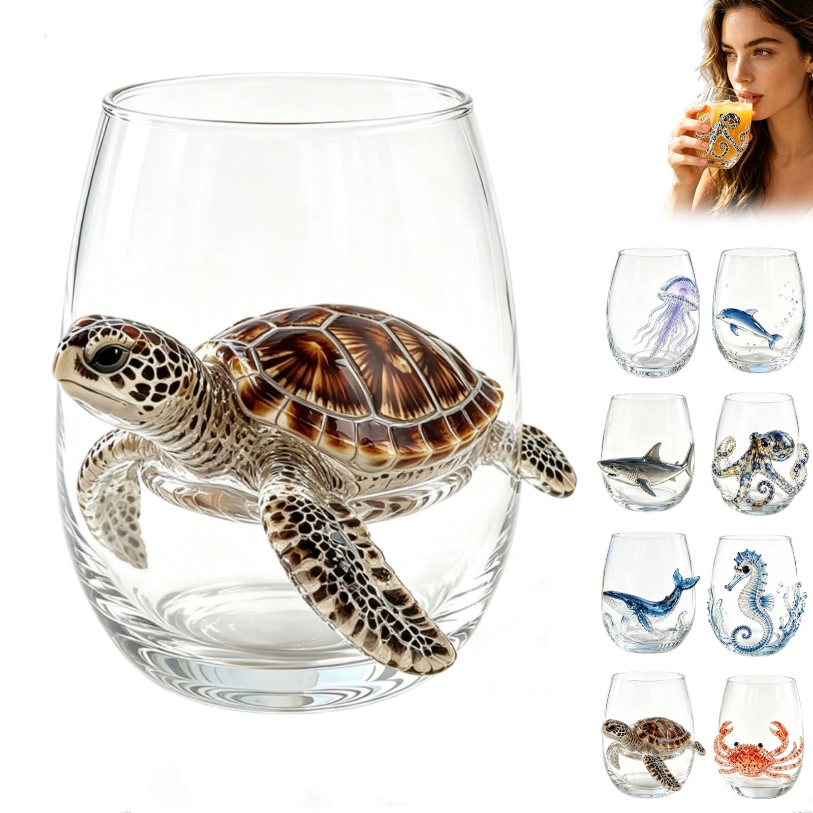Artisanal Blue Ringed Octopus Glassware, 3D Unique Octopus Stemless Wine Glass, Handmade Ocean Animals Drinking Glasses, Coastal Home Bar Decor Gift for Ocean Lovers (3D-Turtle