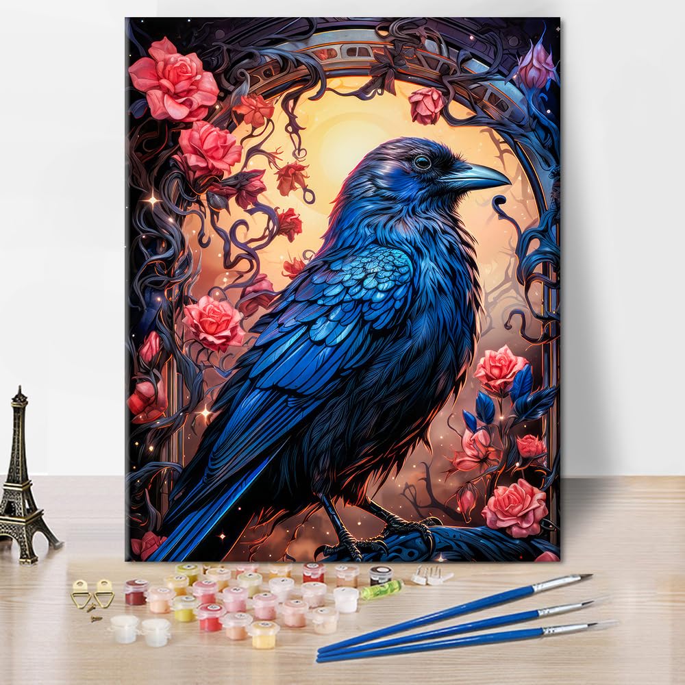 TISHIRON Bird Paint by Numbers Kit for Adults, Crow was Standing on a Branch Full of Flowers Paint by Number with Brushes and Pigment, Art Crafts DIY Oil Painting, 16x20 Inch