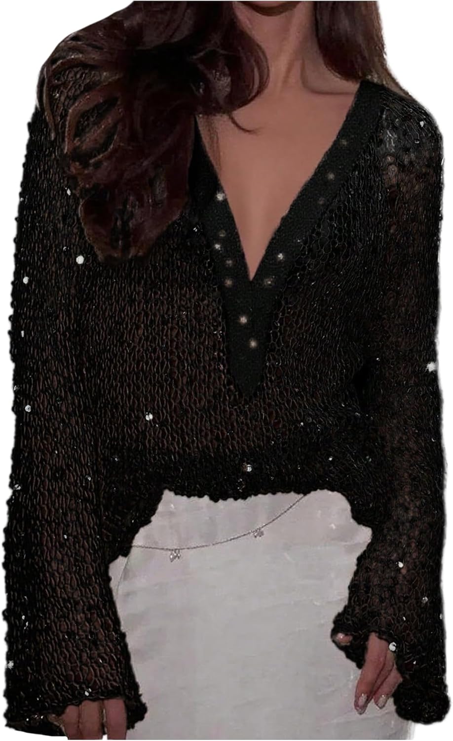 SHENHE Women's Sequin Crochet Sweater Deep V Hollow Out Sexy Party Concert Rave Sheer Knit Top