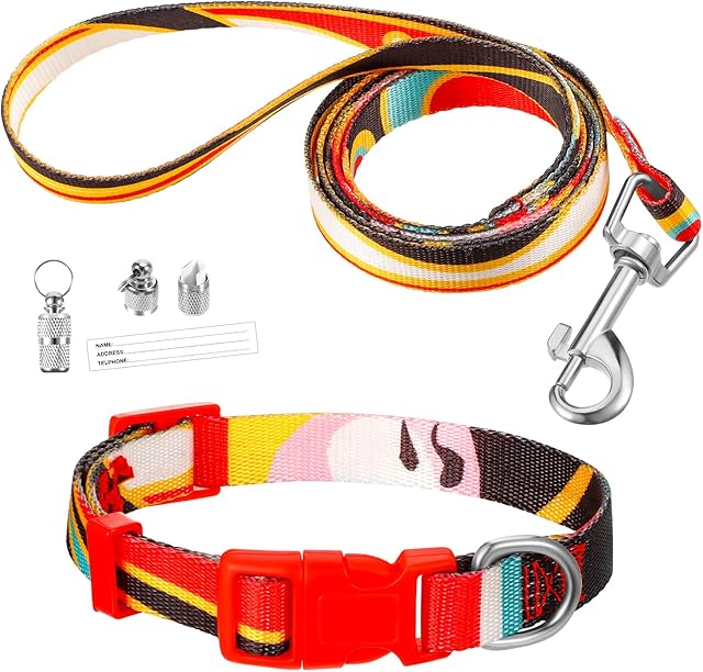 AKlamater Dog Collar and Lead Set, Puppy Collar and Lead Set Quick Release Buckle Adjustable Dog Collar Soft Nylon Pet Collar for Puppy Small Medium Dogs(Red Yellow)