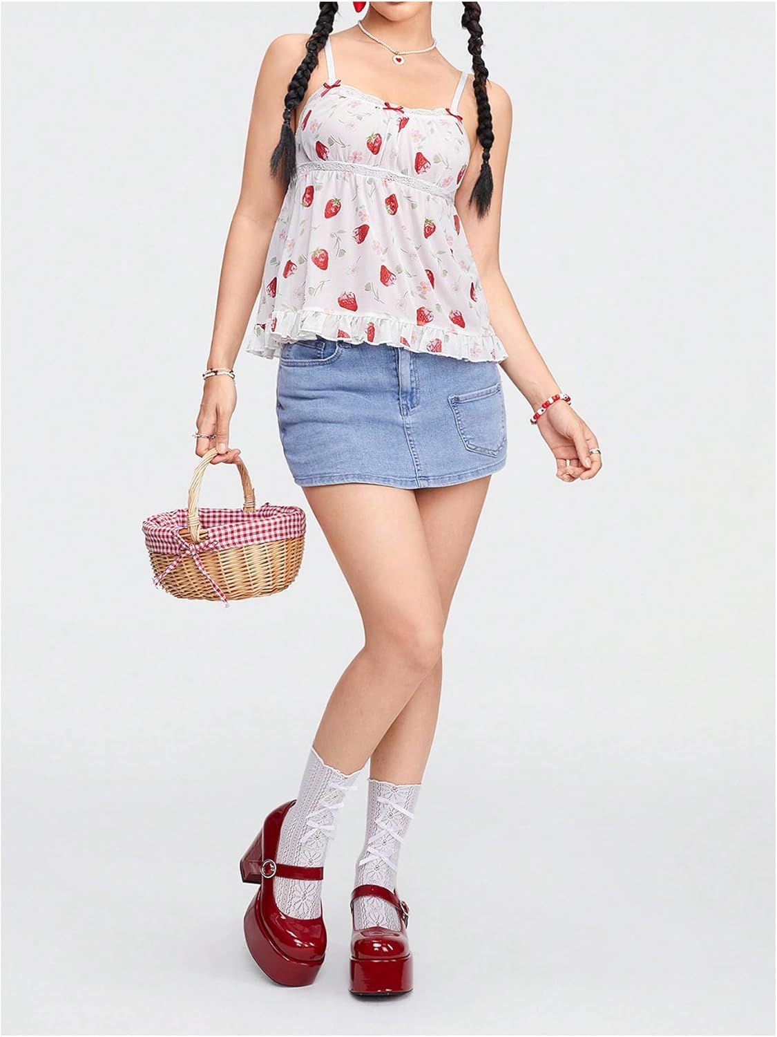 SHENHE Women's Lace Trim Strawberry Print Cami Top Kawaii Babydoll Tank Tops Camisole - Image 6