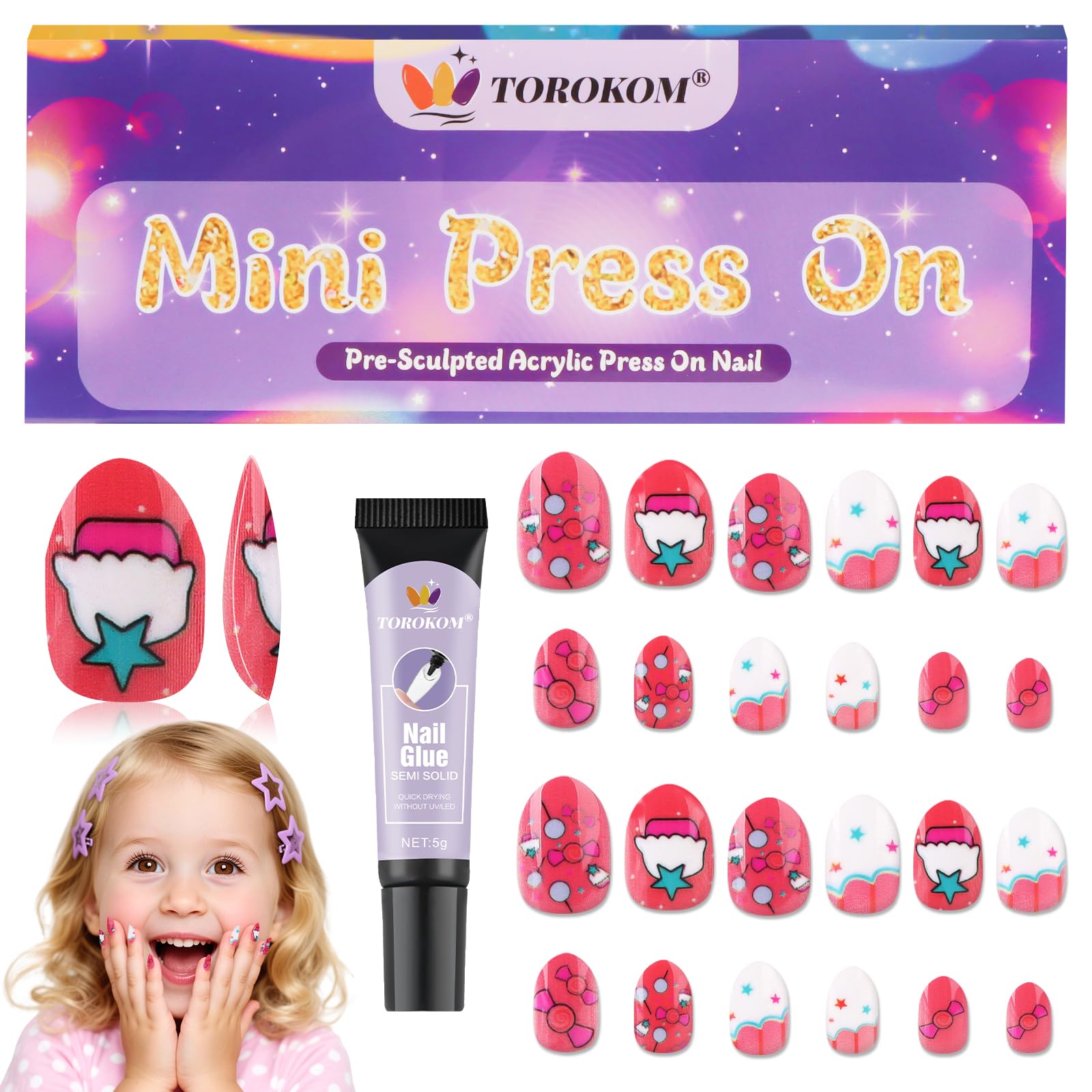 24PCS Press on Nails for Kids, TOROKOM Kid Fake Nail Set with Glue, Pink Candy Cake Stick on Nails for Girls Gift Age 8 9 10 11 12