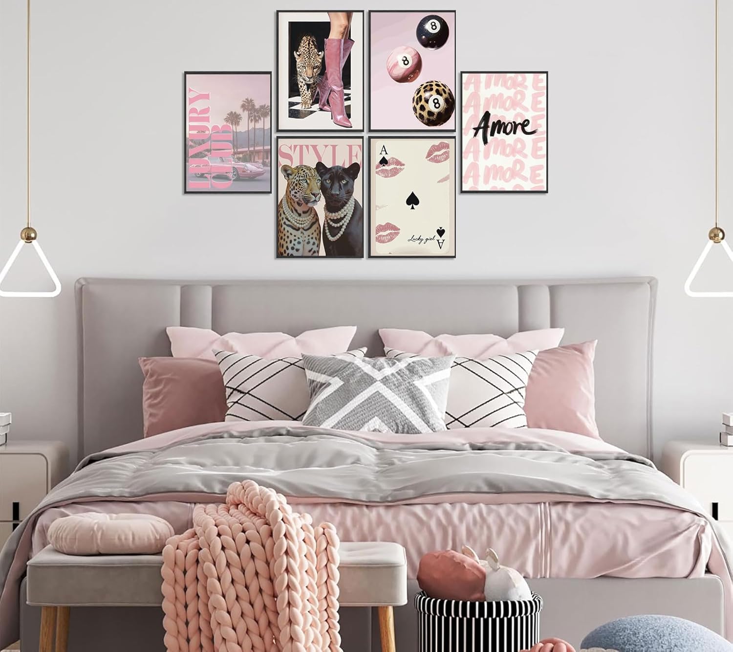 6pcs Trendy Cheetah Canvas wall art Stylish Pink Painting Picture Wall Decor Fashion College Style Room Cheetah Poster Print Artwork for Girls Bedroom Apartment Dorm Room Home Decoration Unframed