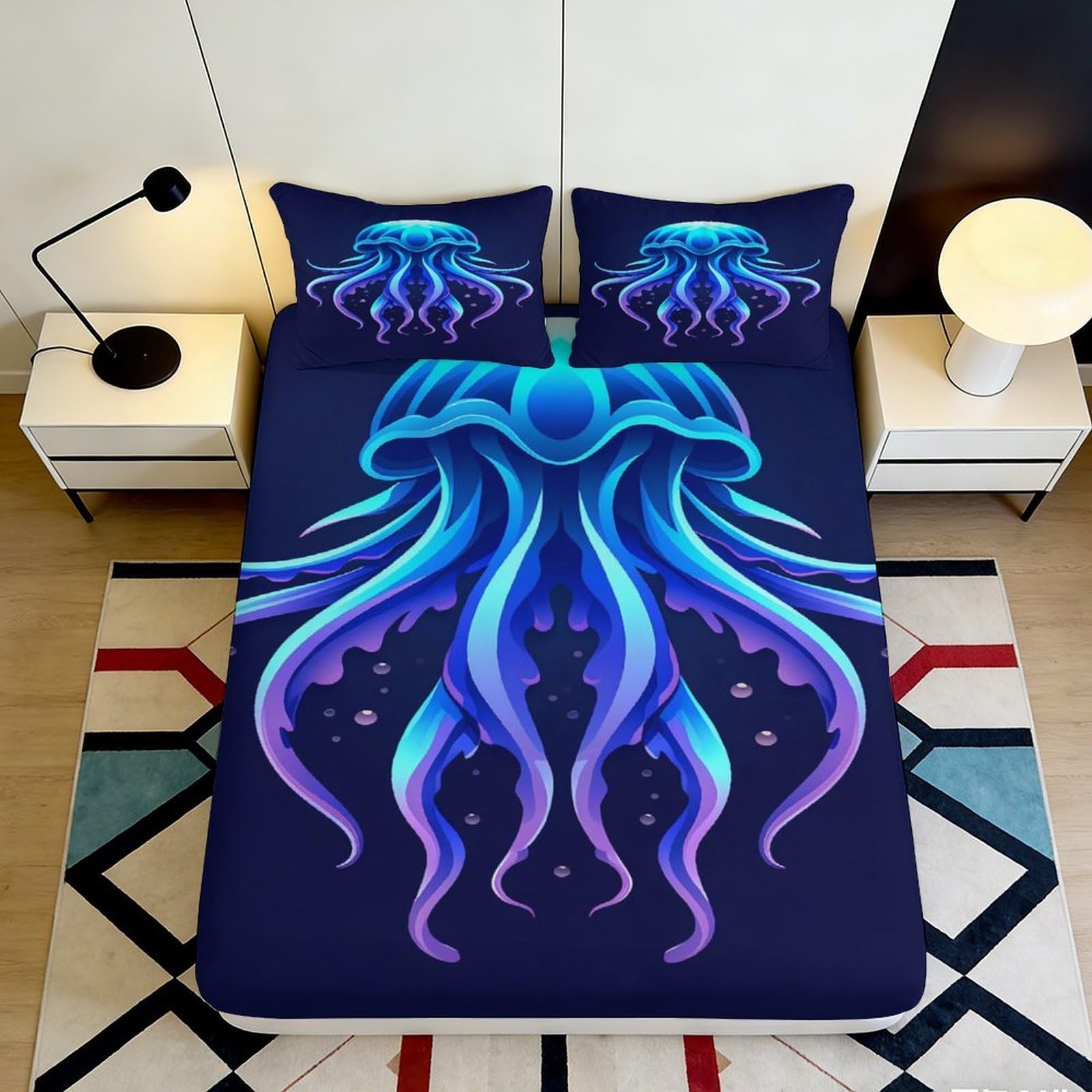 3D Printed Blue Jellyfish Fitted Sheet Microfiber Soft Ocean Tentacles Mattress Cover for Bedroom Dorm Decorative 90x200x25cm
