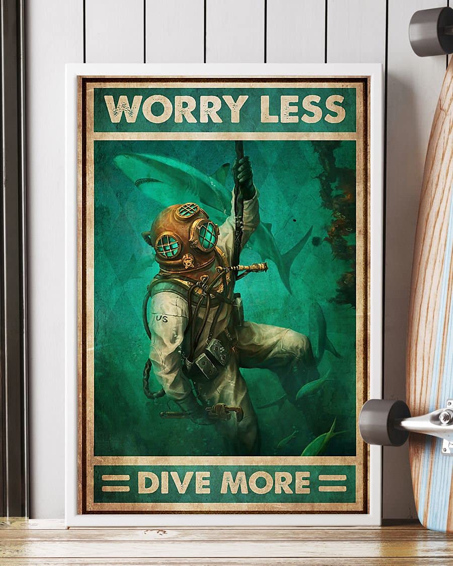 Inga Camping#A694 Worry Less Dive More Poster Shark Poster Scuba Diving Poster Metal Tin Sign Poster 8X12 Inches