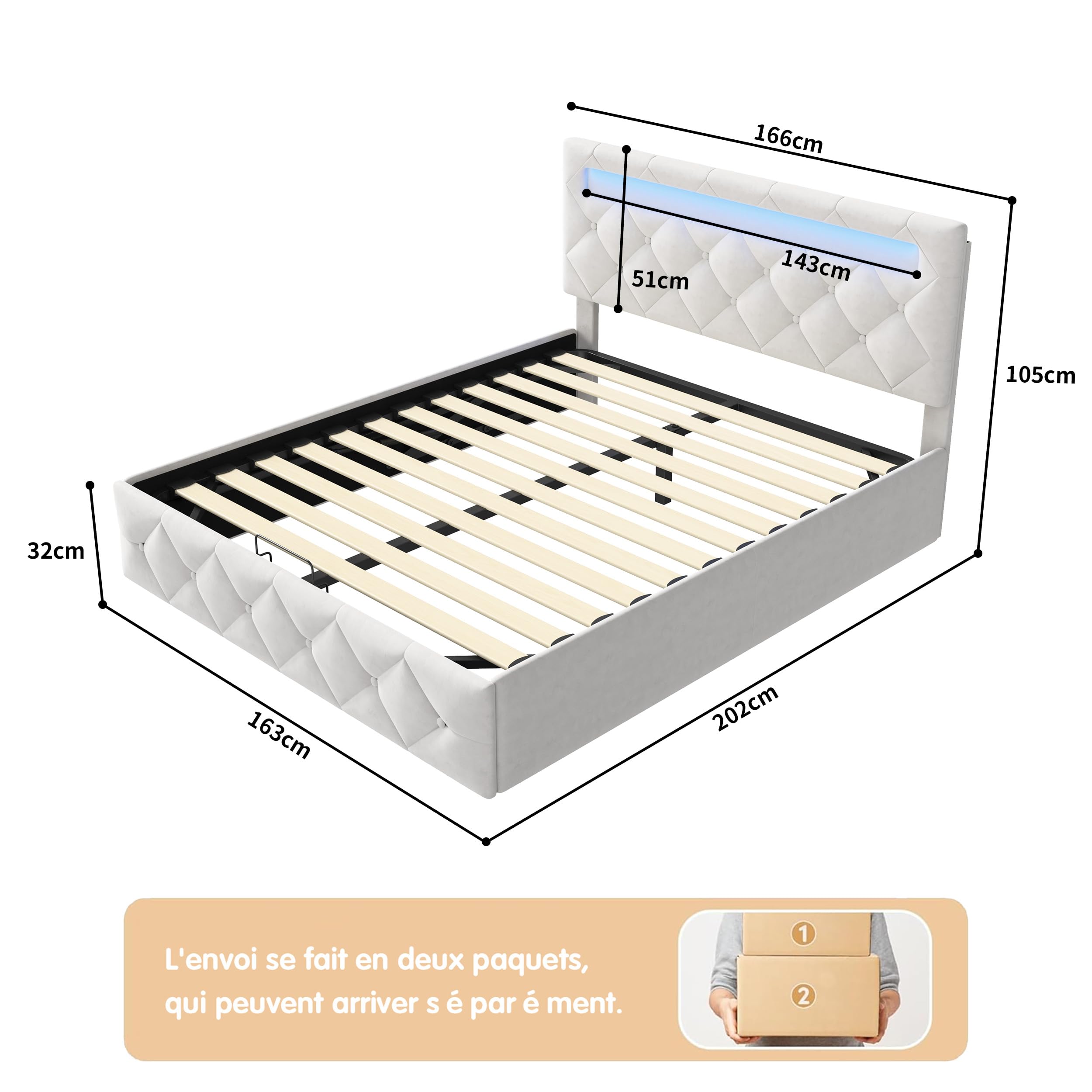 BRILVERDE Letto imbottito 160x200 con Contenitore idraulico, letto matrimoniale con LED, funzionale con testiera, struttura letto con rete a doghe, Velluto (Beige, 160 x 200 cm)