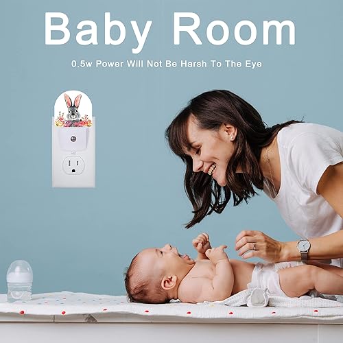 Miniatura 5 de Luz de noche de Pascua, lindo conejo con luces nocturnas de flores enchufables a la pared, lámpara LED con sensor de atardecer a amanecer, 0.5 W