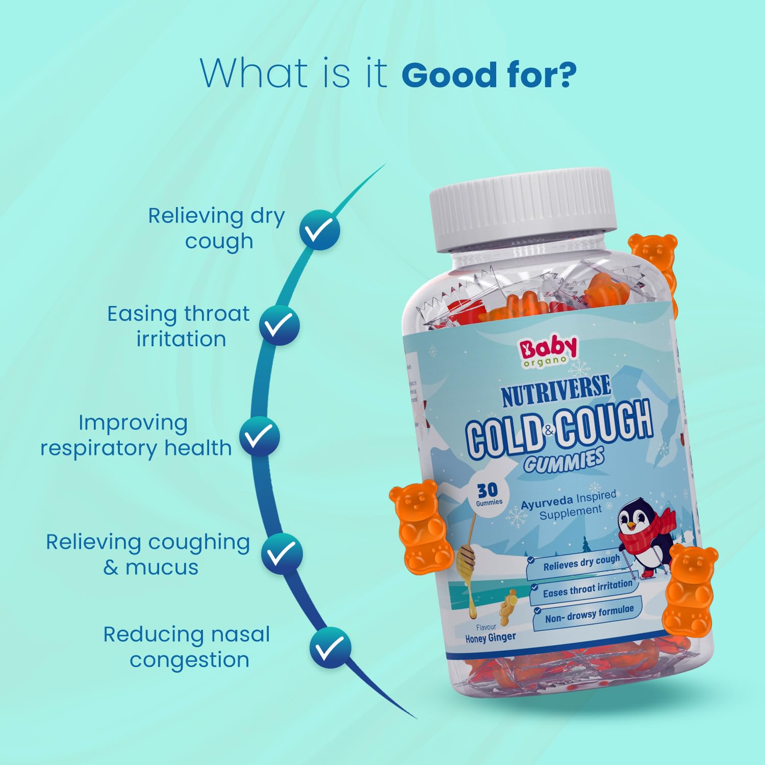 Babyorgano Nutriverse Cough & Cold Relief Gummies For Kids (2-15 Yrs) |30 Gummies |Relieve Dry Cough, Throat Irritation|Non-Drowsy, Ayurveda Inspired Formula, No Gelatin, Gluten, Dairy|Mango Flavor - Image 2 thumbnail