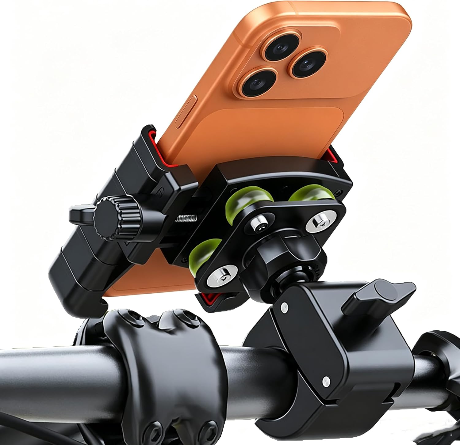 Upgraded Anti-Vibration Motorcycle Phone Mount, Quick Lock Clamp Phone Holder for 17-42 mm Round Bars, Fits Most 4.7-7 in Phones, for E-Bikes, Electric Scooters, Golf Carts and Strollers