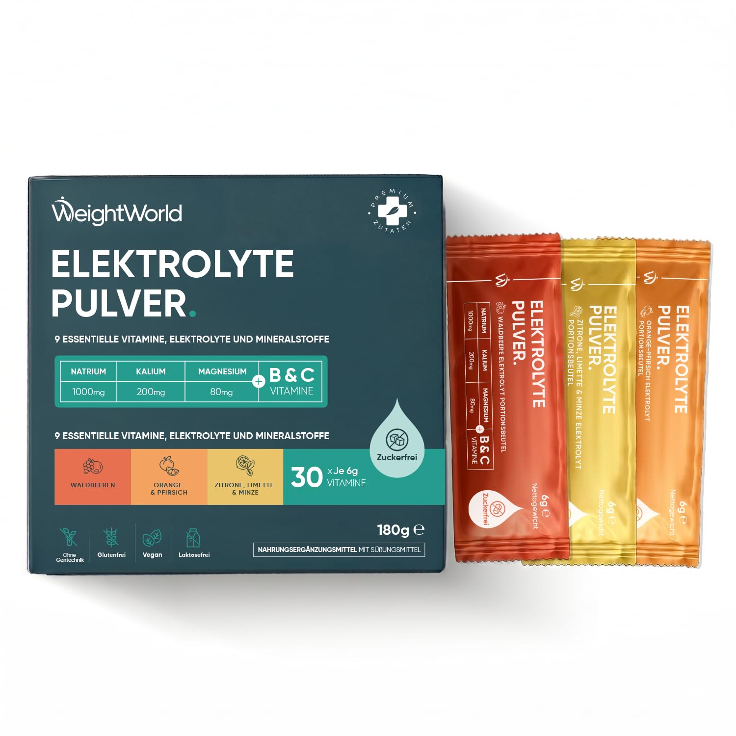 WeightWorld Zuckerfrei Elektrolyte Pulver - 1280mg Electrolyte pro Beutel | Mit 6 Vitamine & 3 Minerale, Vitamin C, B1, B3, B5, B9, B12, Magnesium, Kalium, Natrium, 3 Geschmacksrichtungen, 30 Beutel