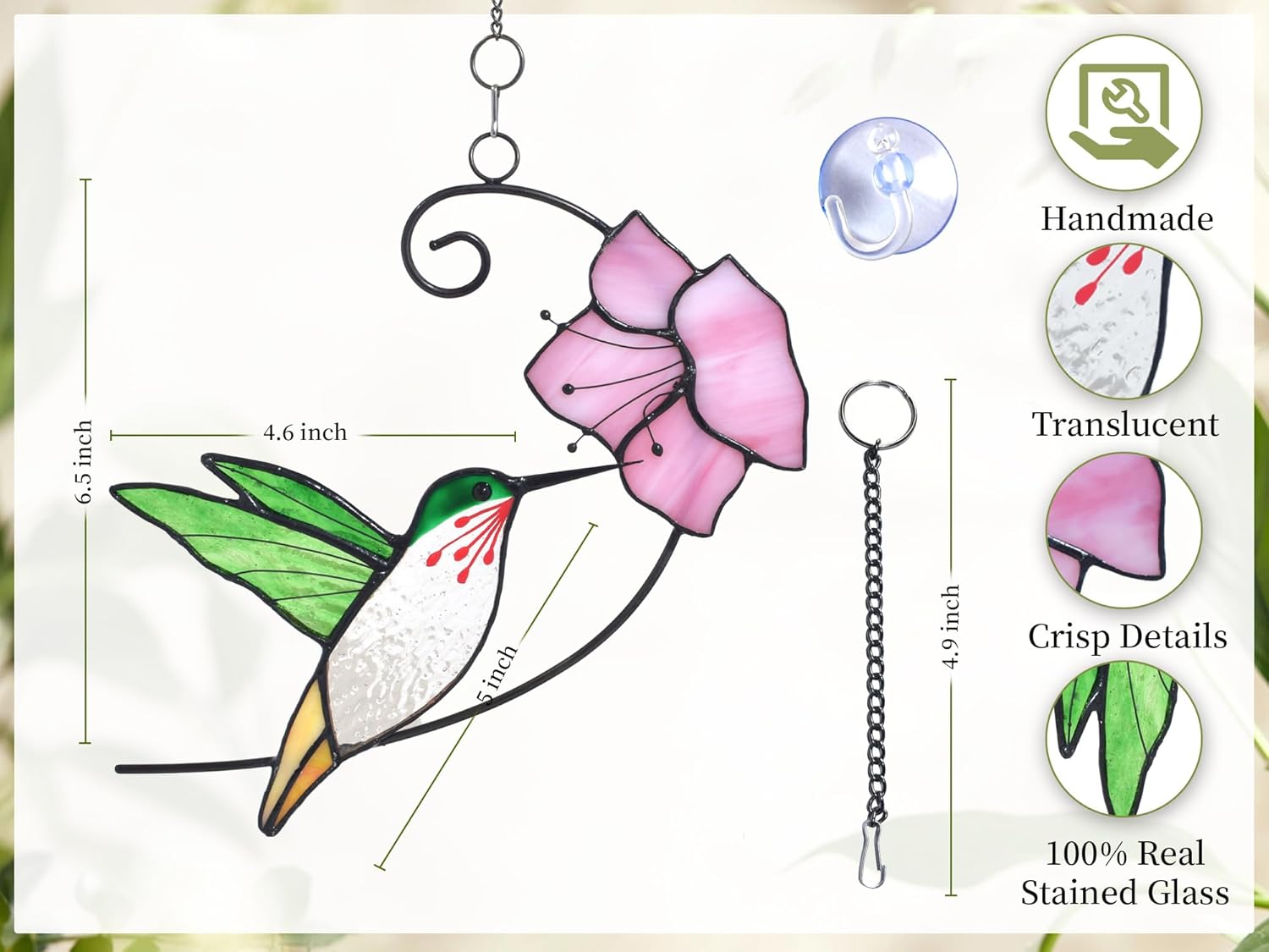 Lolitarcrafts Hummingbird with Flower Stained Glass Suncatcher Bird Stained Glass Window Hangings Hummingbird Gift for Home Decor (Green with Flower) - Image 4