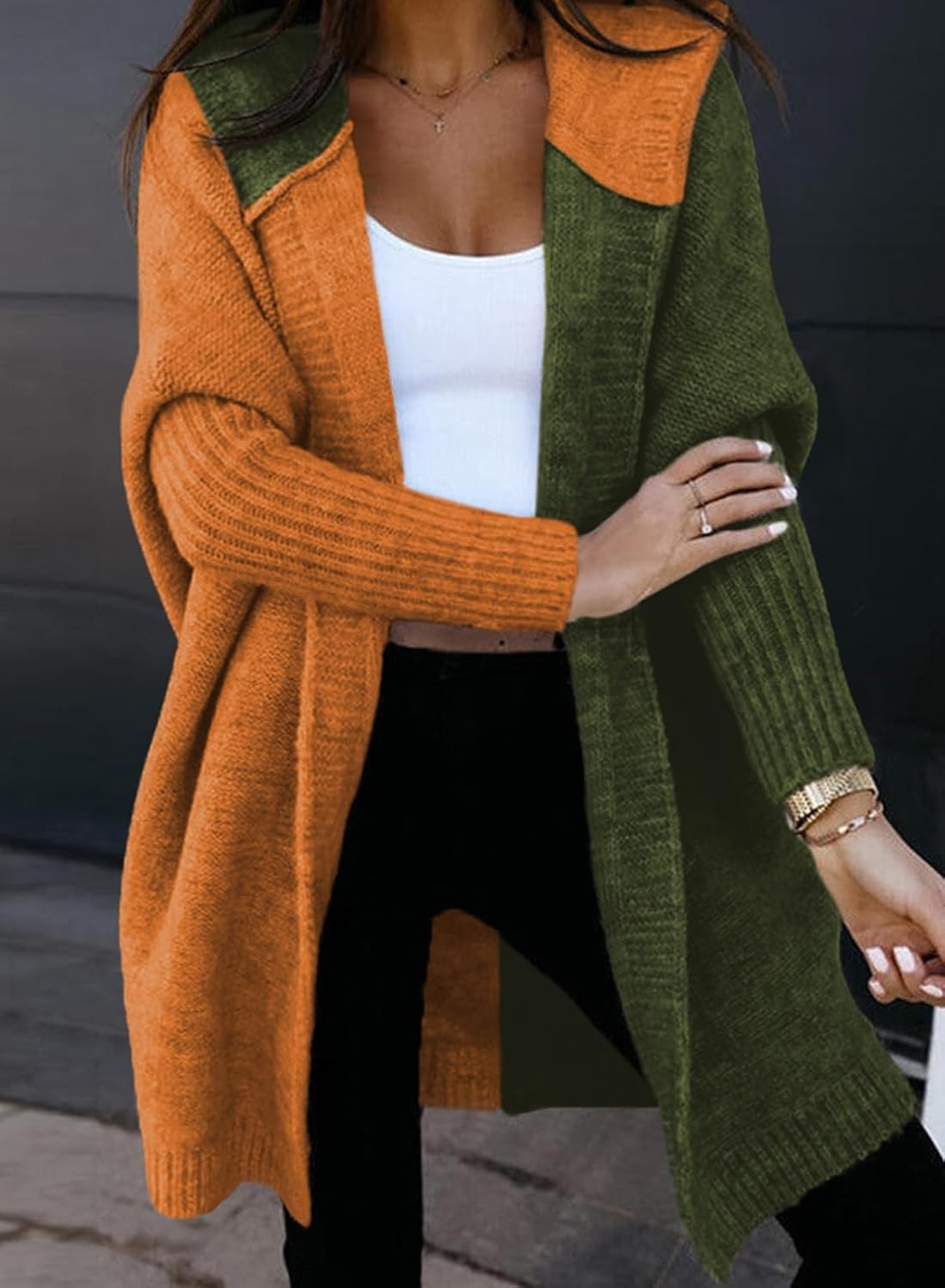 Astylish Women 2026 Fall Outfits Open Front Long Sleeve Hooded Knit Cardigan Sweaters Color Block Outwear Coats - Image 2