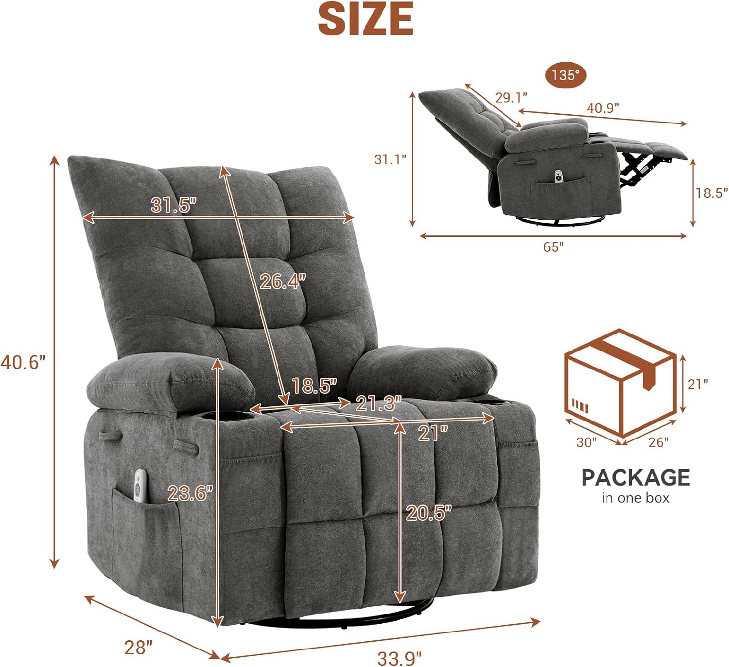 Swivel Rocker Recliner Chair with Heat and Massage,360 Degree Swivel Rocking Single Sofa with Cup Holders, Oversized Single Sofa Seat, Lazy Boy Recliner Chairs for Living Room Grey