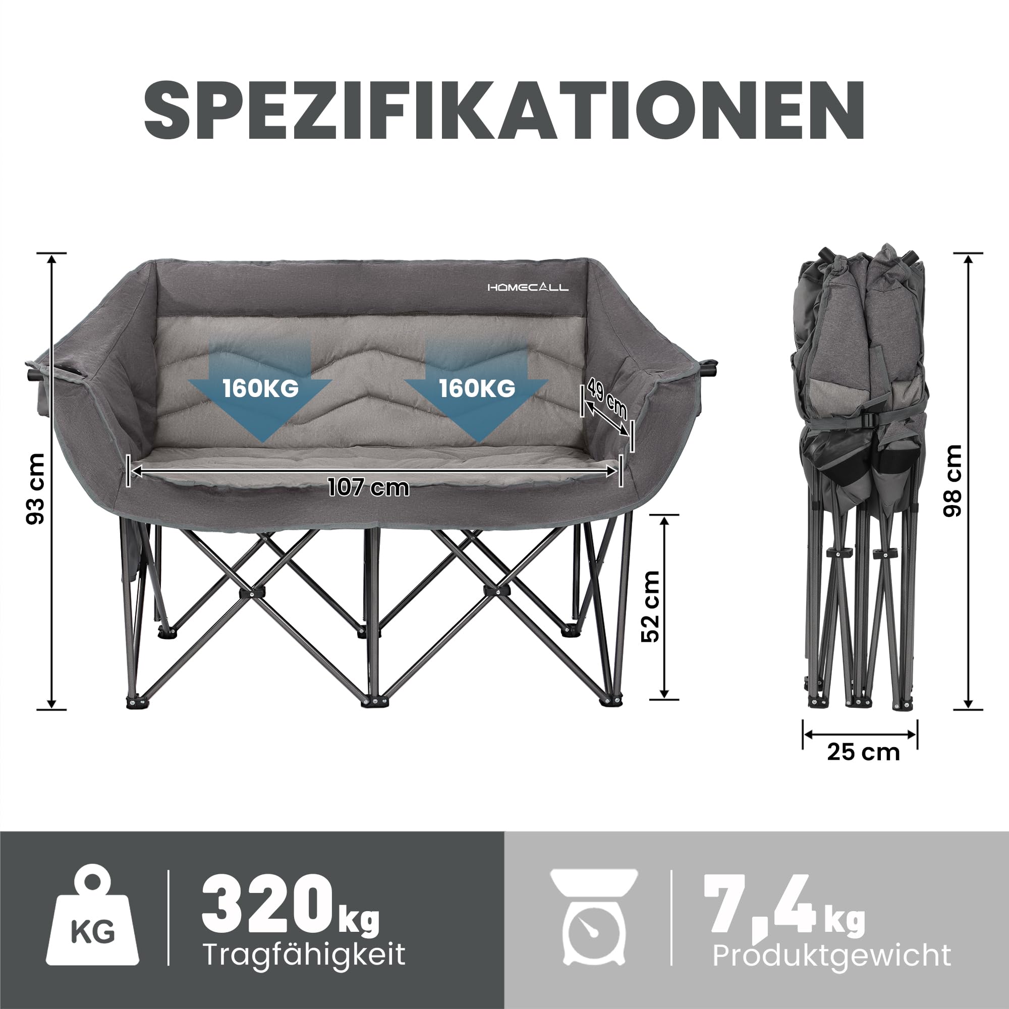 Homecall Podwójne krzesło kempingowe dla dorosłych – wytrzymała, składana sofa dwuosobowa (obciążenie do 320 kg), wyściełana sofa kempingowa dla 2 osób, przenośna, idealna na kemping, do ogrodu i