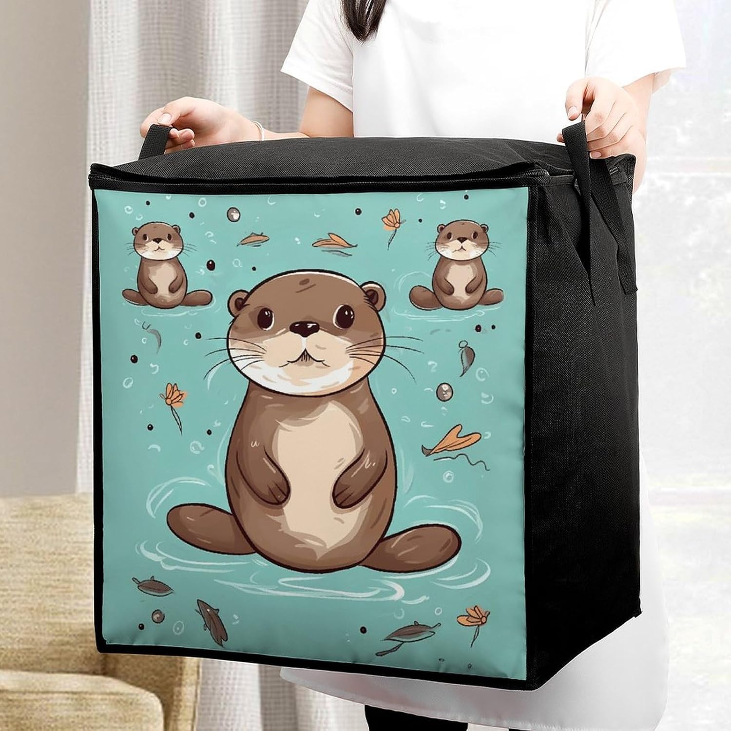 Cartoon Cute Otter Storage Bag with Zippers And Handle Extra Large Bedding Comforter Storage Bag Foldable Blanket Storage Bags Fabric Moving Bags for Closet Organizer (70L)