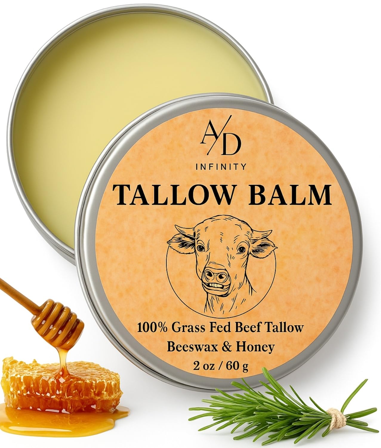 A/D Infinity Beef Tallow for Skin - 100% Organic Pure Grass Fed, Honey Balm All-Natural Face Moisturizer with Beeswax and Raw Wild Honey Blend, Whipped Cream