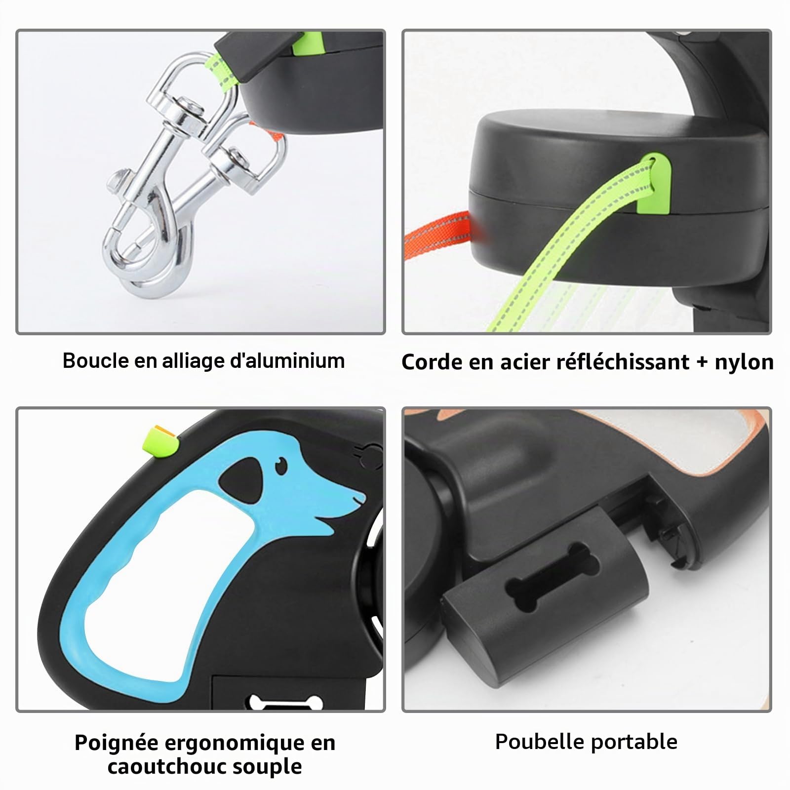 Laisse double rétractable pour chien - Avec lumière LED - Extensible - Pour 2 chiens - Flexible 3M - Poignée antidérapante - Bouton de frein rapide - Pour chiens de petite et moyenne taille - Bleu