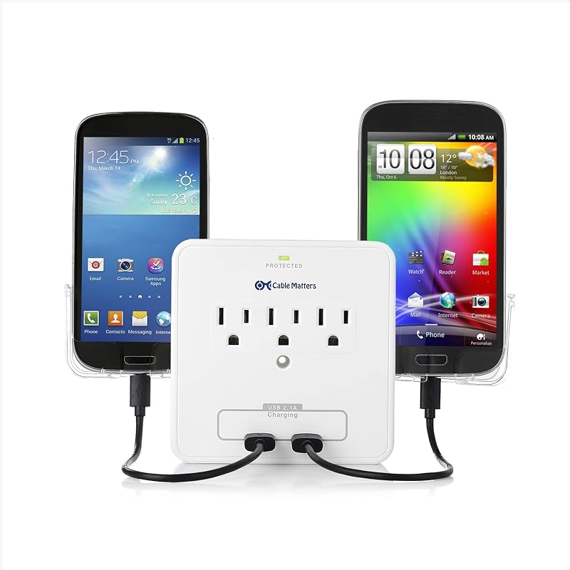 Cable Matters 3-Outlet Wall Mount Surge Protector with USB, White | USB Charging, 3 in Wide Slide-Out Smartphone Holders