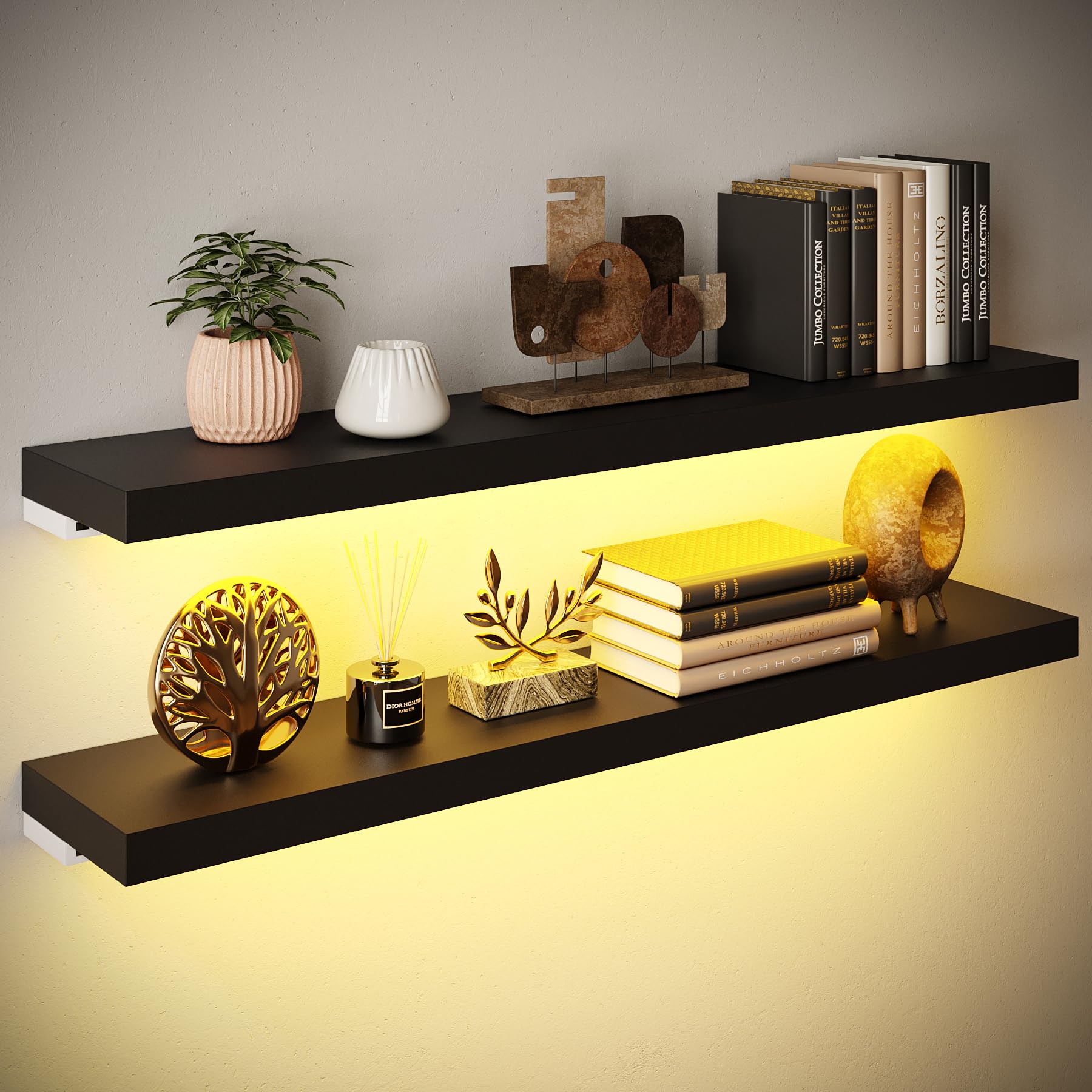 BAMEOS LED Floating Shelves for Wall, 35" W Black Wall Mounted Wooden Shelves with Invisible Brackets, Set of 2, Hanging Wall Shelves for Bedroom, Living Room, Kitchen, Study Decoration