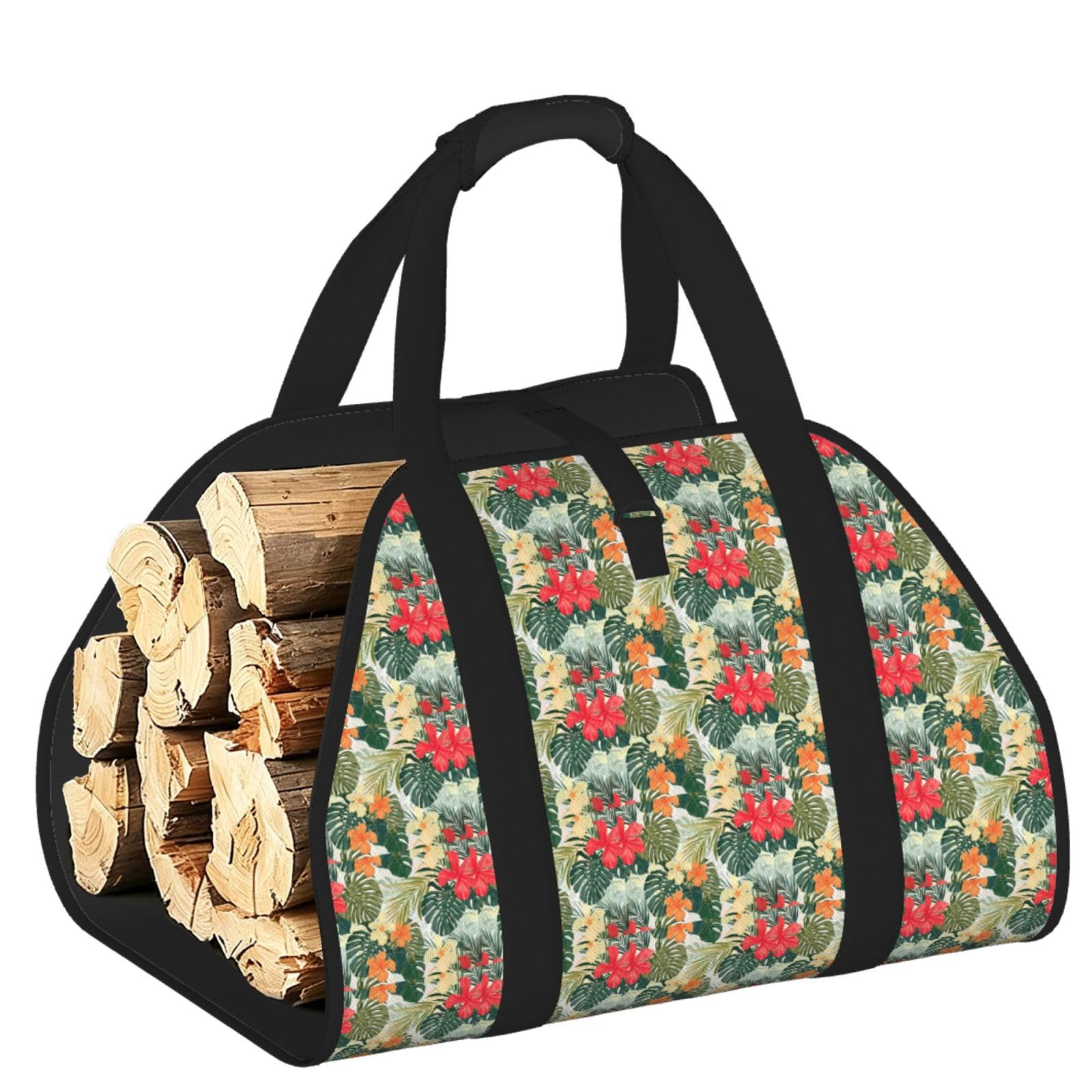 Ayyqwe Black Vegetation Leaves With Hibiscus Flowers Print Firewood Bag Wood Waterproof Versatile Camping Picnic Storage Daily Home