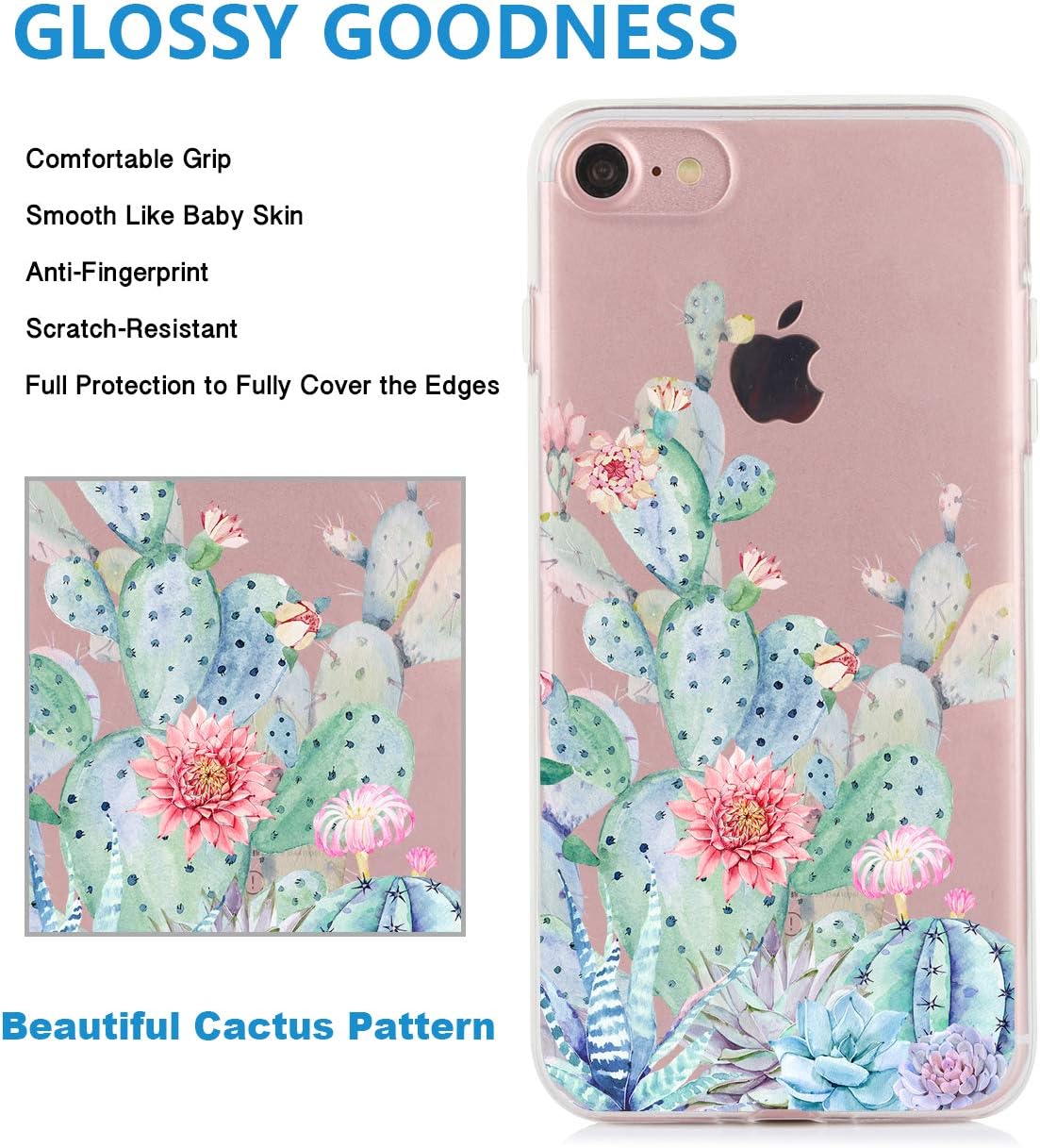 TRENSOM iPhone SE 2020 Case iPhone 8 Case iPhone 7 Case for Women Clear Protective Case with Design, Cute Cactus Case Floral Pattern, Slim Bumper TPU Frame Shockproof Phone Cases Anti-Scratch