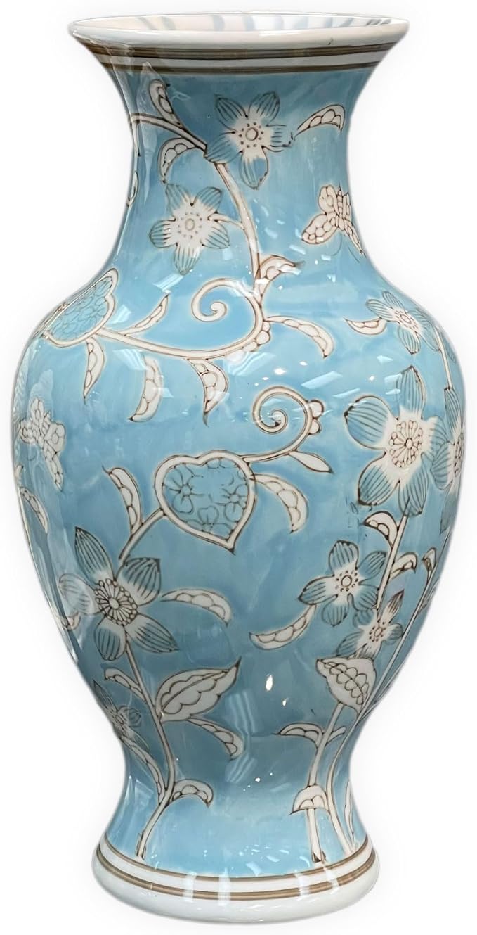 Galt International White & Blue Floral Chinoiserie Ceramic Vase 14" - Hand Painted Antique Style Porcelain Flower Bottle Fishtail Porcelain Chinese Vase for Home Decor Centerpiece