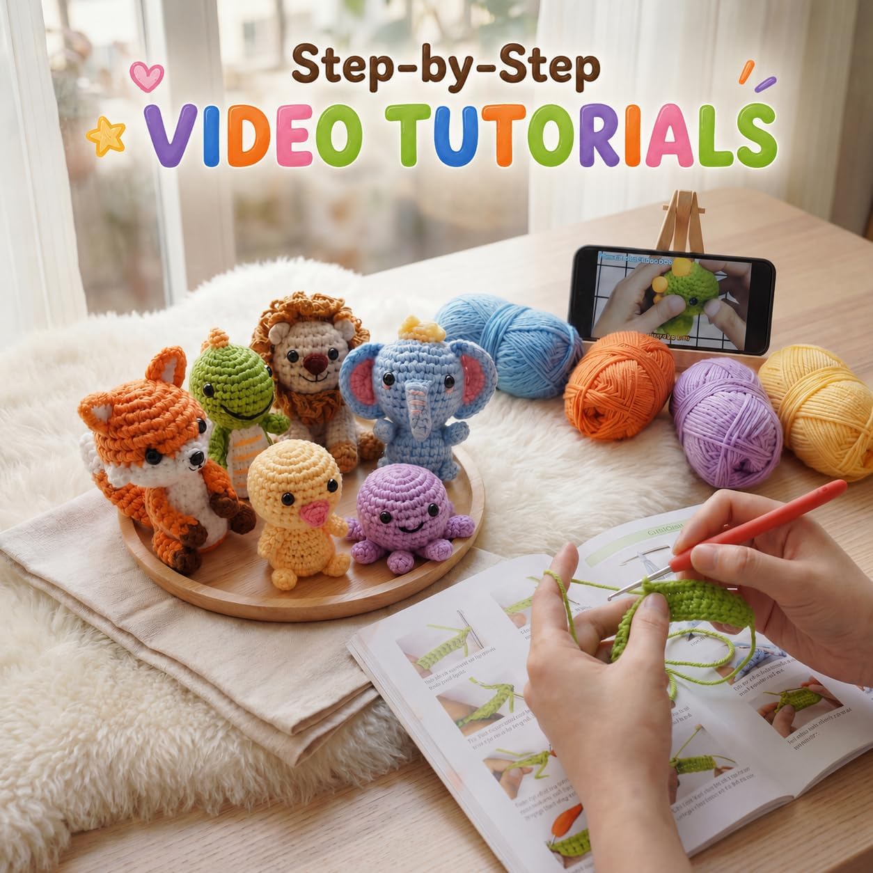 Xanlon Crochet Kit for Beginners - 6pcs Animals Knitting Kit Beginner Crochet Starter Kit for Adults Women Men - Easy to Learn with Step-by-Step Video Tutorials DIY Birthday Gifts for Crocheting Lover
