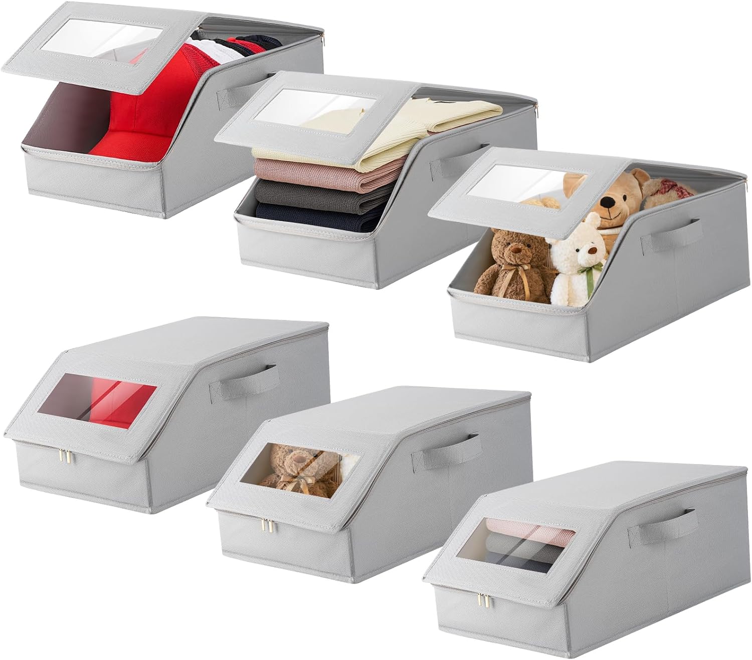 Stackable Hat Organizer for Baseball Caps, Hat Storage - Holds 12 Caps, Clear View Lid, Space Saving Closet Storage (Set of 6, Breathable Fabric)