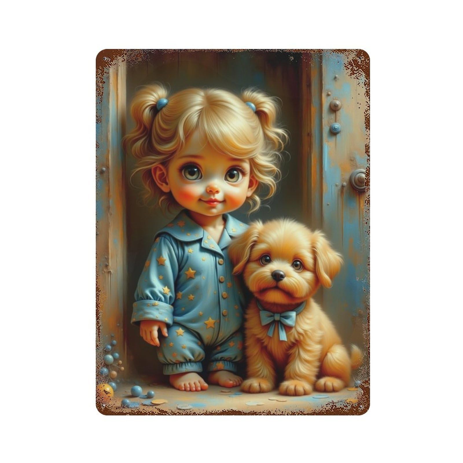 Vintage Rust Metal Sign Child with Puppy in Pajamas 15.7"x11.8", Old School Wall Decor for Garage, Bar And Workshop Decor