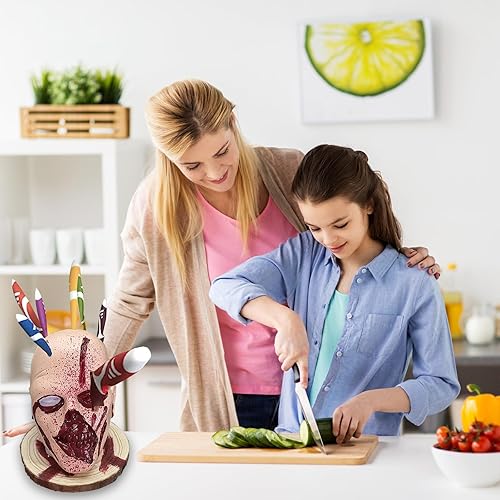Miniatura 5 de Almacenamiento de cocina de calavera de Halloween, soporte de cocina con forma de cabeza de terror, estante para cuchillos de cocina, soporte para