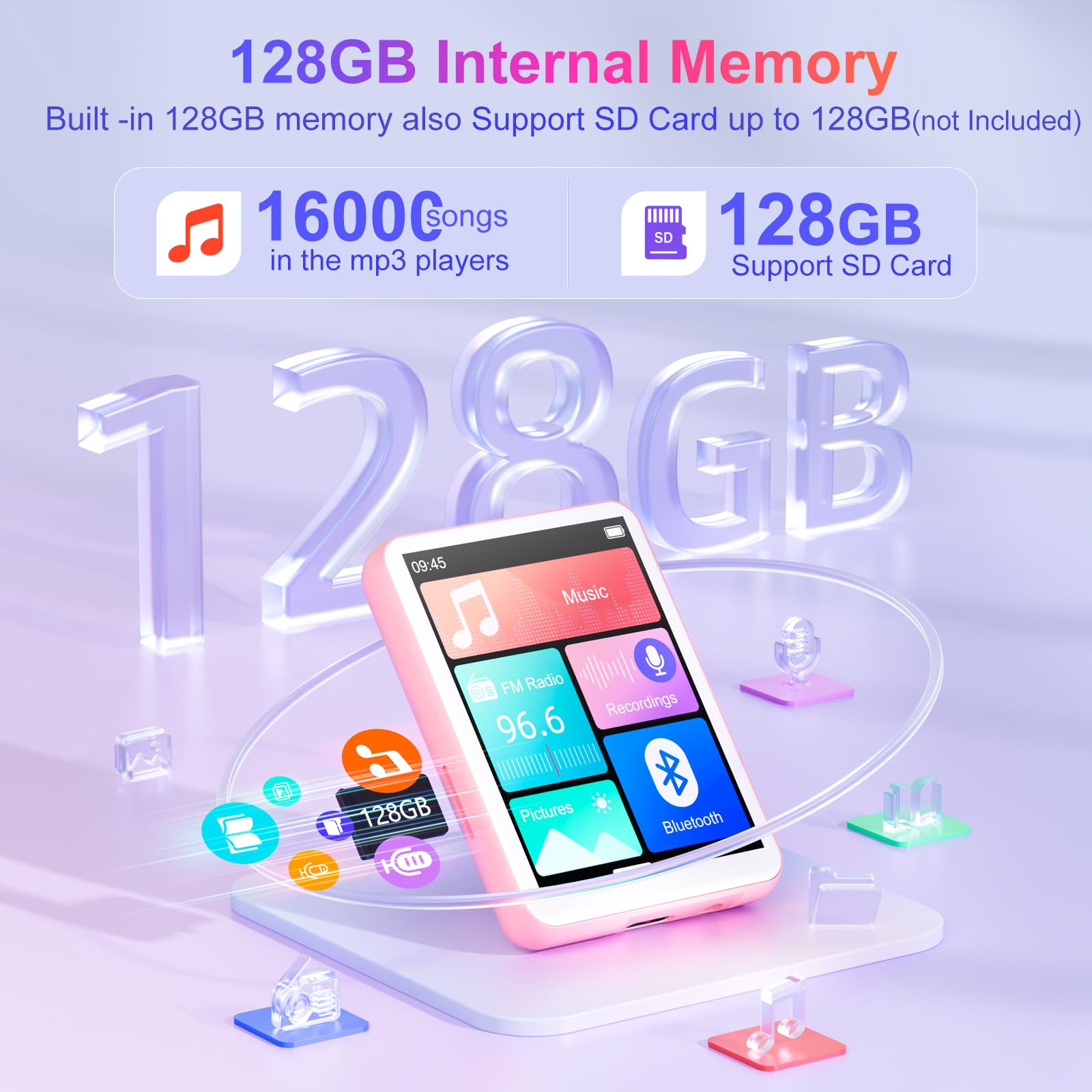 128Go Lecteur MP3 Bluetooth 5.4, Oilsky 2,4'' Écran Tactile Baladeur MP3, MP3-Player Portable avec Haut-Parleur, Radio FM, Musique Lecteur pour Enfants (Rose)