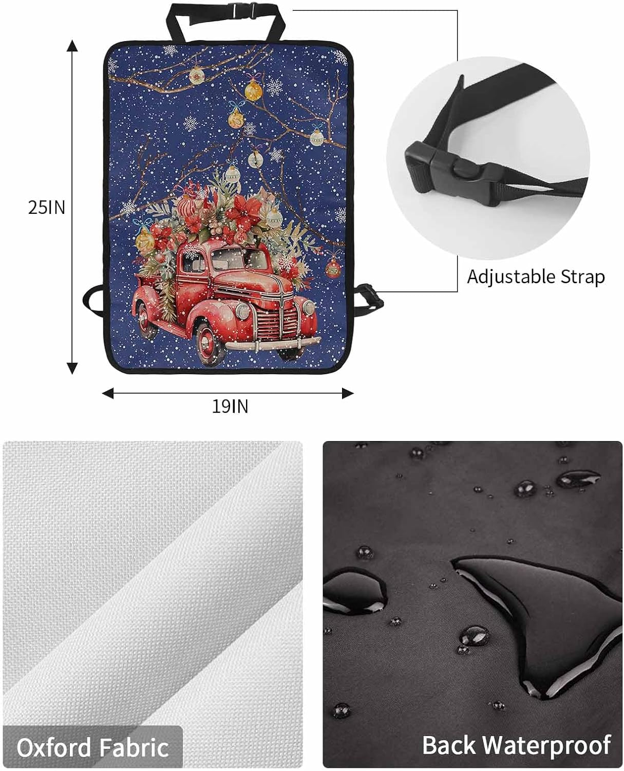 Car Seat Protector, 2 Pack Kick Mats Back Seat Protector Christmas Red Truck Poinsettia Flower Balls Blue Linen Waterproof Backseat Cover for Kids Universal Fit Automotive Interior Protectors