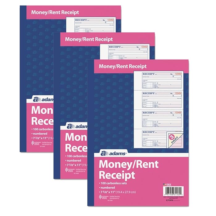 Buy Adams Money and Rent Receipt Book, 3Part, Carbonless, White/Canary/Pink,7 5/8" x 10 7/8