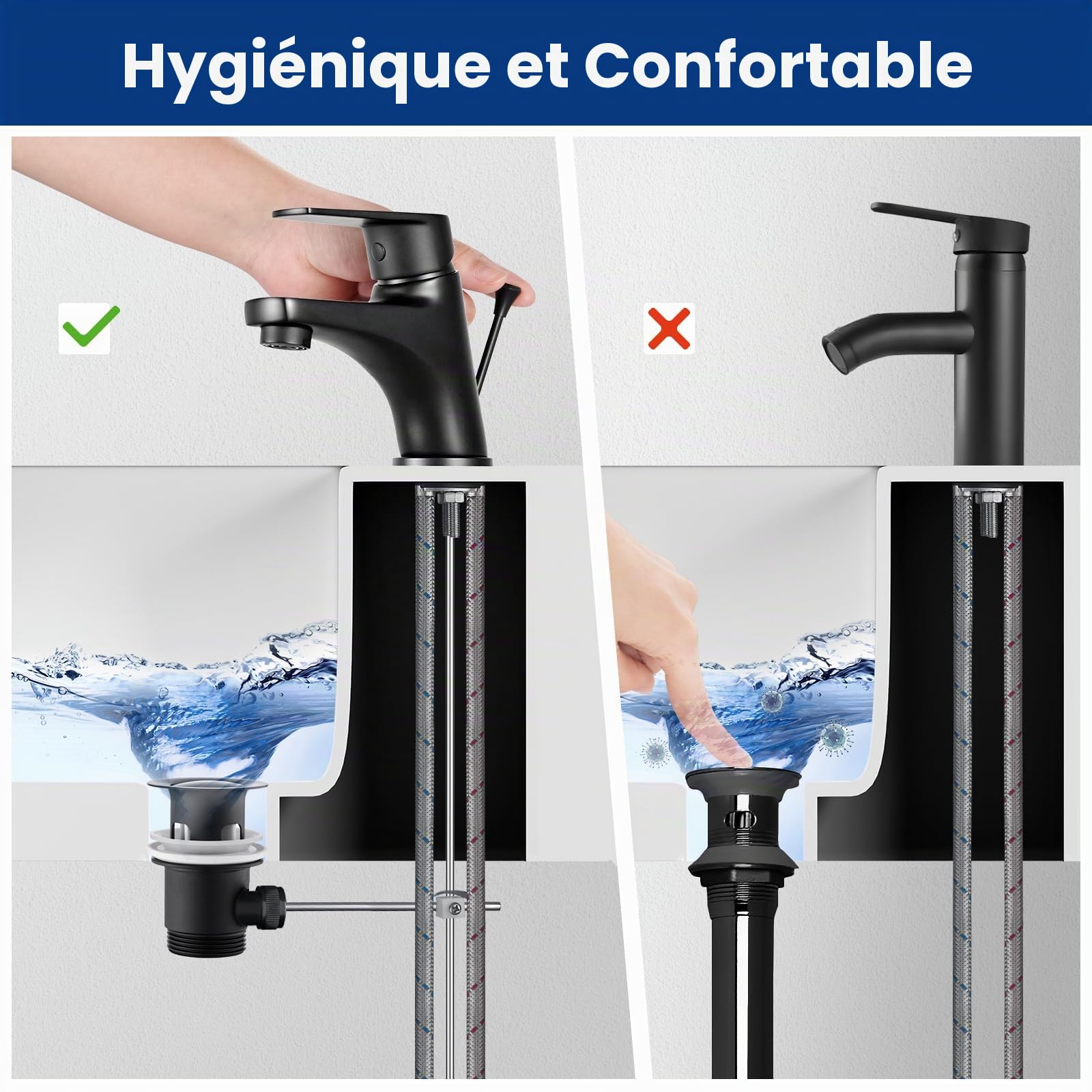 CECIPA Robinet de salle de bain, noir, mitigeur de lavabo avec tige de traction et bonde, mitigeur de salle de bain avec hauteur de bec 57 mm, robinet de lavabo en laiton, robinet de salle de bain