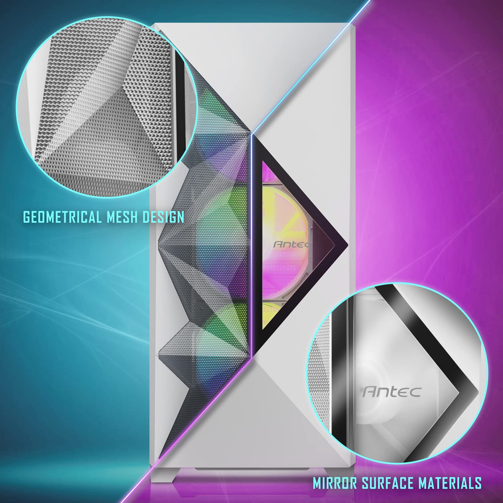 ANTEC DF800 Flux Gaming Case con Finestra in Vetro, ATX, 5 x ventole (3 Anteriori ARGB), Rete Geometrica e Specchio Frontale, Pulsante di Controllo LED, Bianco