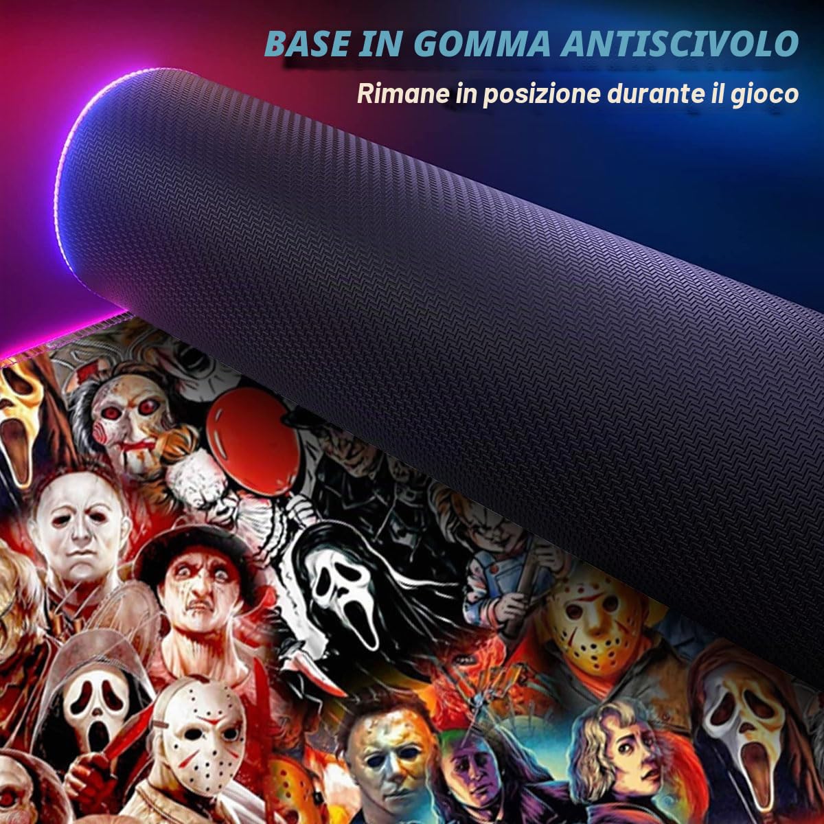 Horror Monster XXL RGB, Tappetino Per Mouse LED Anime, Superficie Impermeabile, 14 Modalità Di Luce, Esteso Per Gaming E Lavoro, 40 X 90 Cm