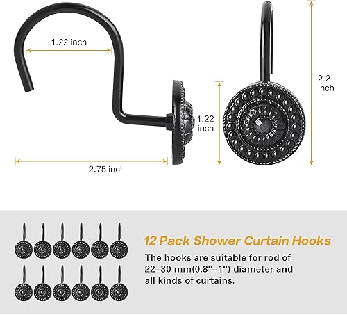Miniatura 5 de Ganchos de cortina de ducha negros, anillos decorativos para cortina de ducha a prueba de óxido, ganchos para cortina de ducha para forro de ducha,
