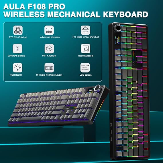 AULA F108 PRO Wireless Mechanical Keyboard with Screen & Knob SC580 Tri-Mode Gaming Mouse(White)