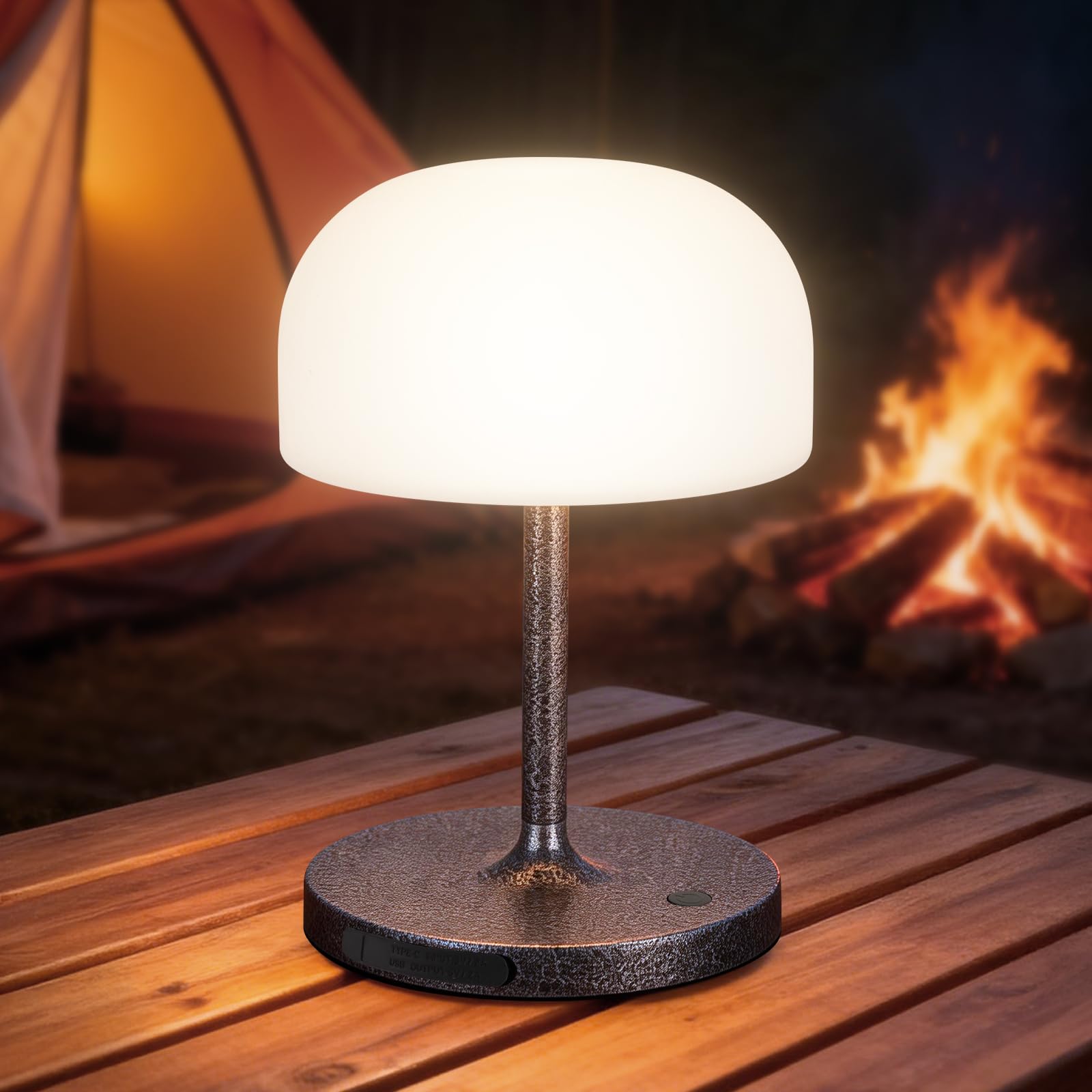 Vikdio Cordless Table Lamp, Waterproof 4000mAh Rechargeable Mushroom Lamp, Small Touch Light for Outdoor Indoor Bedroom Bathroom Camping Patio, Shower Lamp with Mushroom Lampshade - Antique Silver