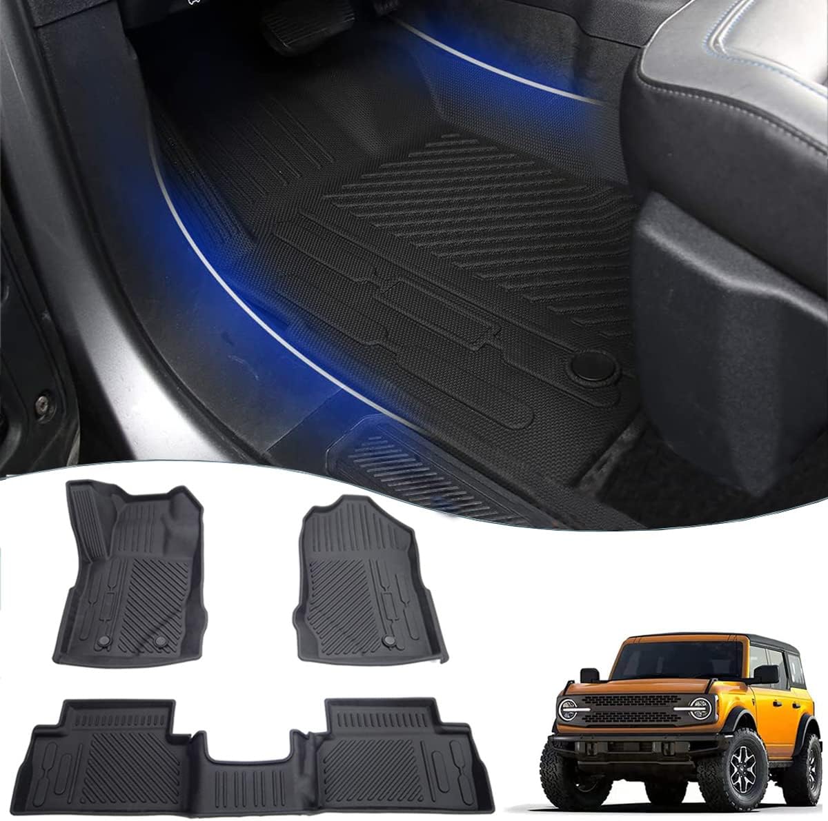 for Ford Bronco 2 Door Floor Mats,All Weather Front & 2nd Row Floor Liners Floor Protector Car Mat TPE Floor Tray Liners for Ford Bronco Accessories 2021 2022 2 Door