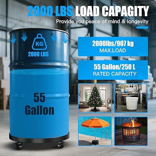 Miniatura 4 de Carretilla de tambor resistente de 55 galones, capacidad de 1250 libras, diseño antivuelco con 4 ruedas giratorias y 2 frenos, estilo de horquilla