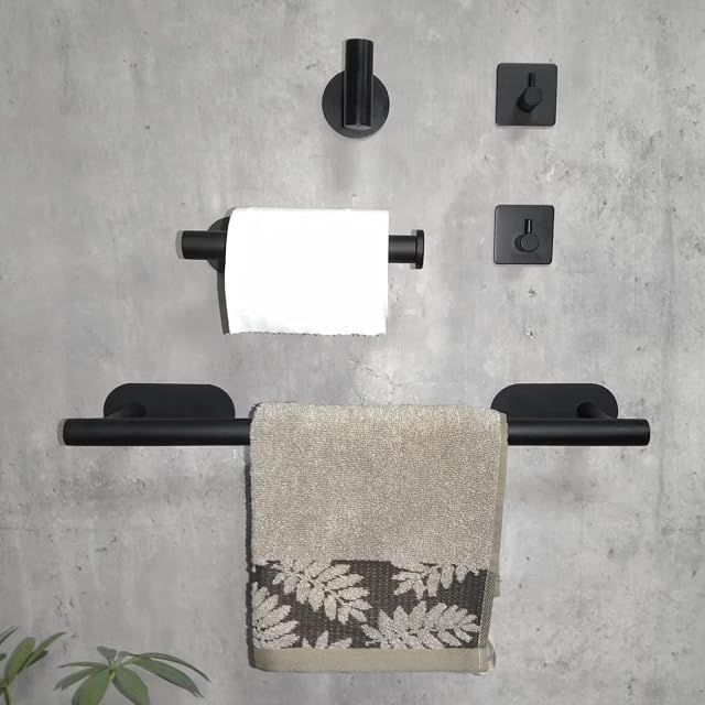 YOZHCH Self Adhesive Towel Rail 16" + Toilet Paper Holder 6.2" + 1 Coat Hook + 2 Hooks - Towel Bar Set, 5 Pieces Stainless Steel Black Bathroom Accessories Towel Holders Wall Mounted (Matte Black)